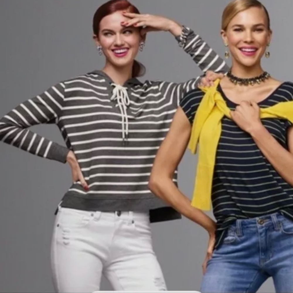 CAbi Windward Hoodie Top Striped Lace Up in Gray White 5324